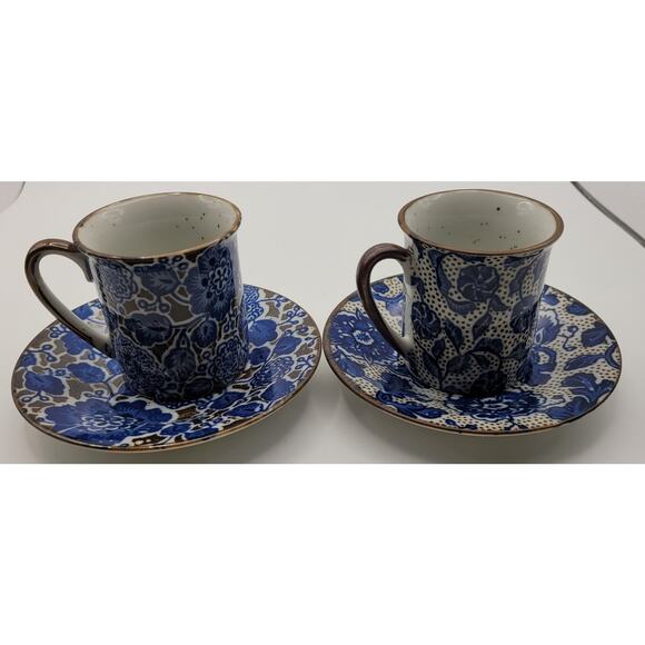 Set of 2 Blue and Brown Floral Patterned Demitasse Espresso cups with saucers - Picture 2 of 5